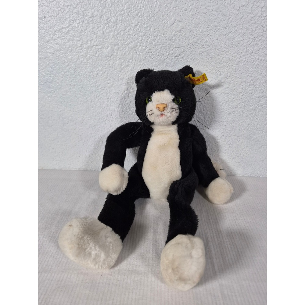 Vtg Steiff Tuxedo Cat Plush Black White Stuffed Animal Button in Ear 6290/32